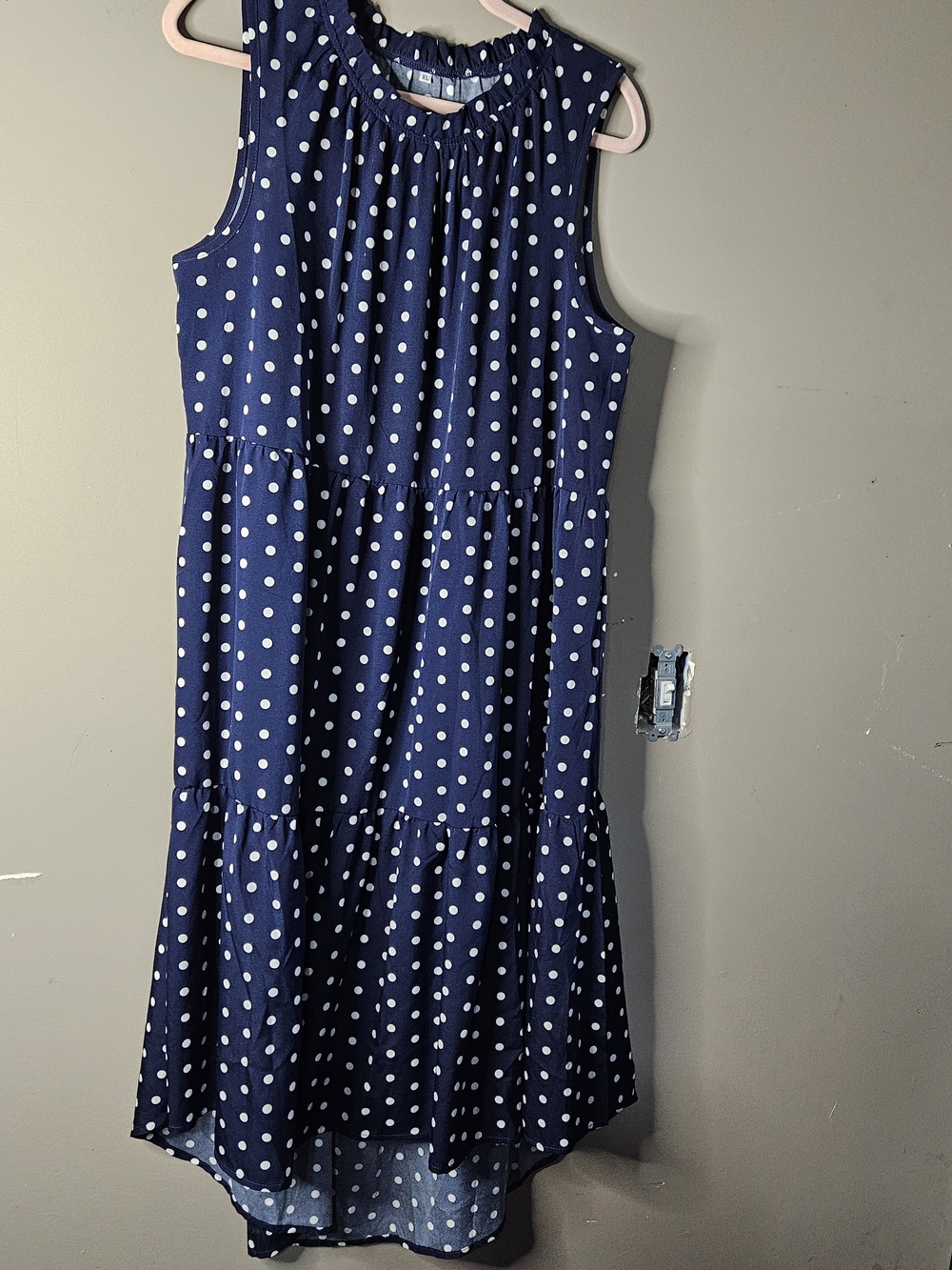 Navy Polka Dot Sleeveless Tiered Midi Dress